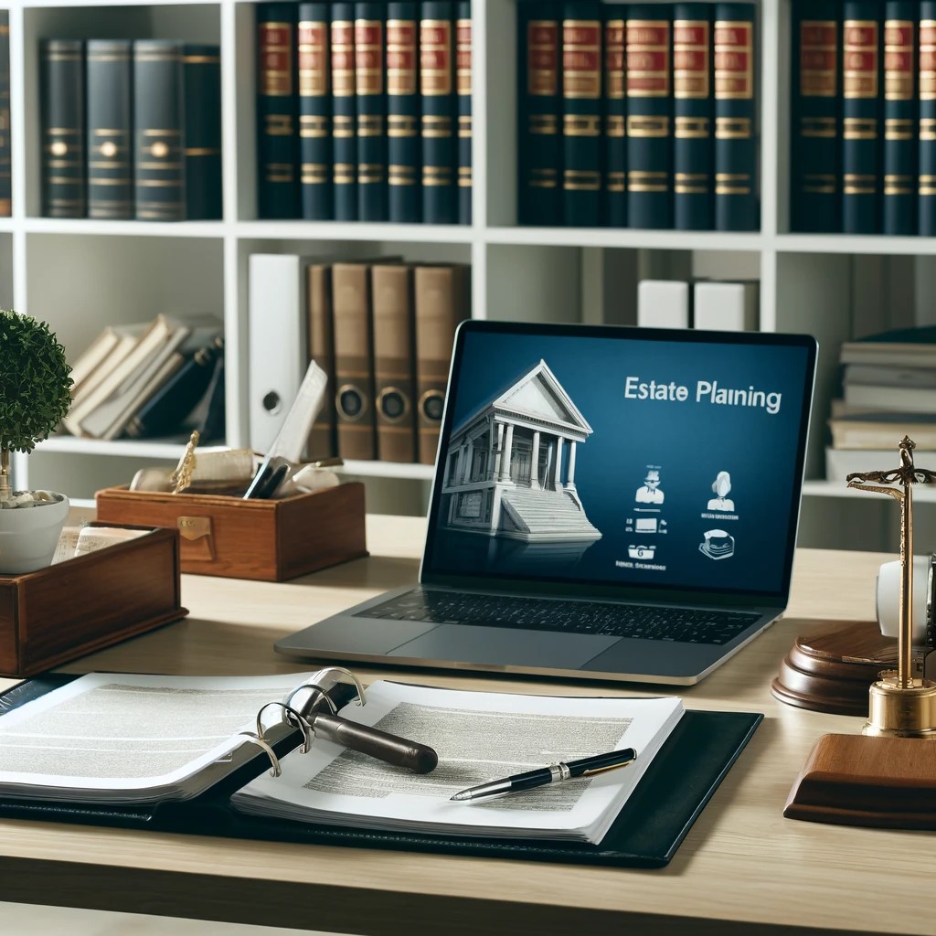 DALL·E 2024-05-17 21.14.00 - A sophisticated modern office with a lawyer's desk covered in legal documents, a laptop open with estate planning software on the screen, and a booksh