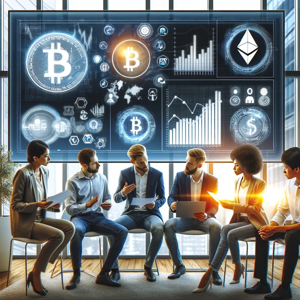 DALL·E 2024-05-17 20.54.51 - A group of diverse investors discussing cryptocurrencies in a modern office setting. They are examining charts and graphs on digital screens, with Bit