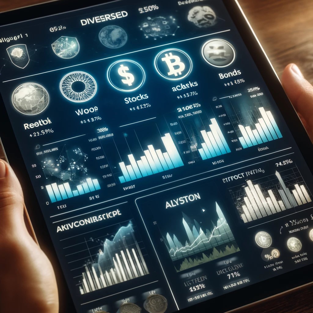 DALL·E 2024-05-17 20.54.53 - A close-up view of a digital tablet showing a diversified investment portfolio that includes cryptocurrencies, stocks, and bonds. The screen displays 