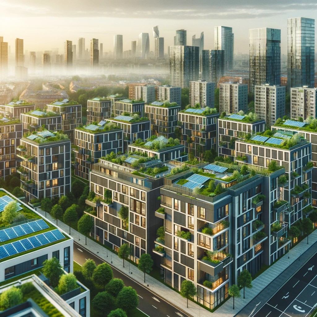 DALL·E 2024-05-17 20.49.28 - An urban cityscape featuring modern, energy-efficient residential buildings with solar panels and green rooftops. The image highlights the trend of su