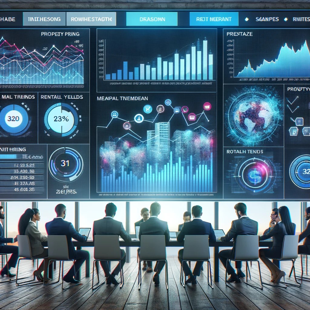 DALL·E 2024-05-17 20.49.27 - A diverse group of investors analyzing real estate market data on a large screen in a modern office setting. The screen displays various charts and gr