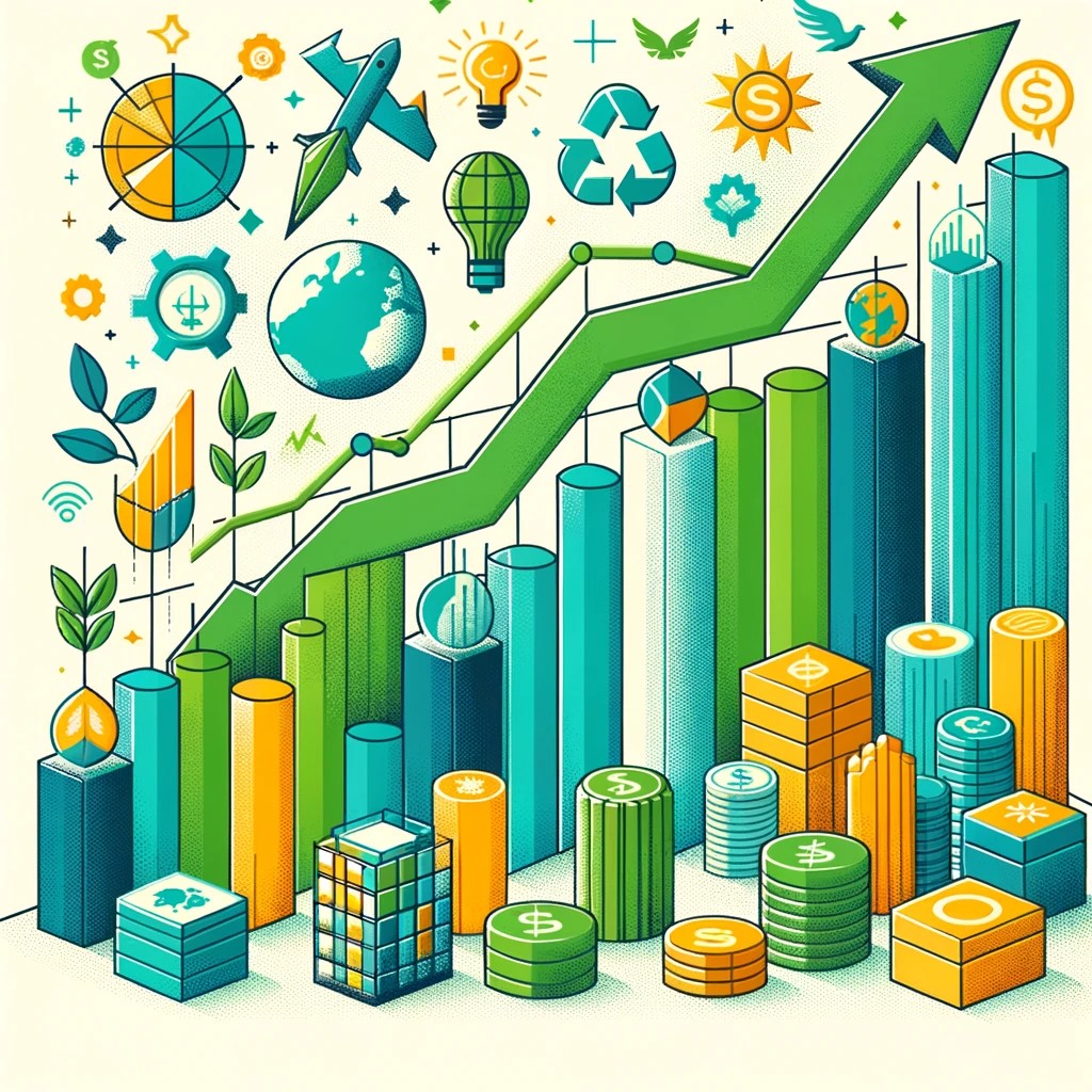 DALL·E 2024-05-17 21.04.33 - Illustration of a sustainable investment chart, featuring eco-friendly companies with rising stock values. The chart should be colorful and engaging, 