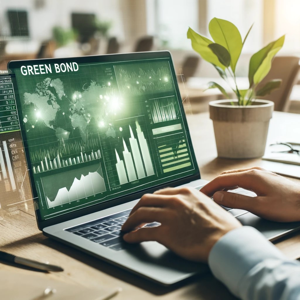 DALL·E 2024-05-29 15.04.25 - An image of a financial analyst working on a laptop with Green Bond data displayed on the screen. The screen features graphs and charts related to env