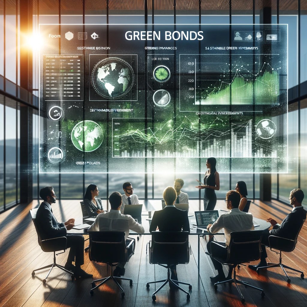 DALL·E 2024-05-29 15.03.55 - An image showing a group of diverse professionals in a modern office discussing Green Bonds. The digital screen in the background displays charts and 