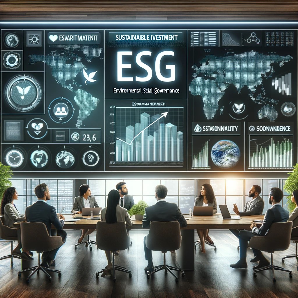 DALL·E 2024-05-29 14.55.25 - An image showing a group of diverse professionals in a modern office, discussing and analyzing ESG (Environmental, Social, Governance) metrics on a la