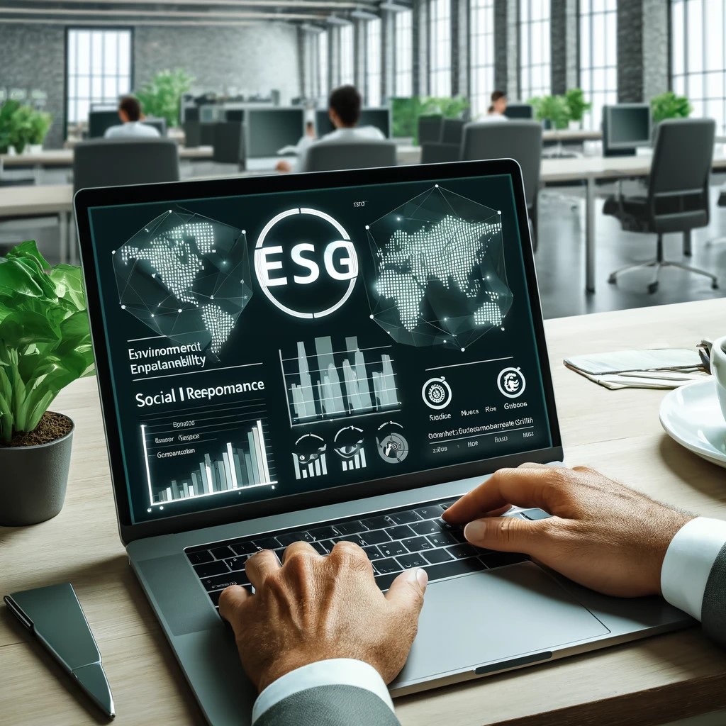 DALL·E 2024-05-29 14.55.26 - An image showing a financial analyst working on a laptop with ESG (Environmental, Social, Governance) metrics displayed on the screen. The screen feat