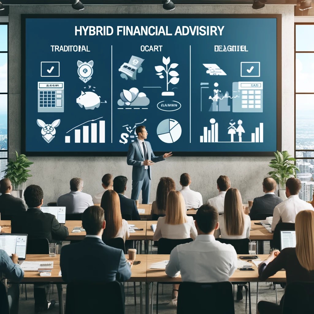 DALL·E 2024-05-29 15.10.53 - An image of a conference room where a financial advisor is giving a presentation on hybrid financial advisory models. The presentation screen shows a 