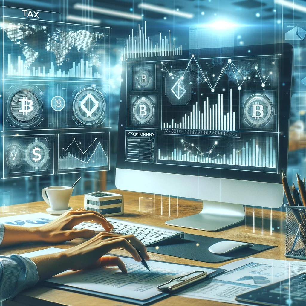 DALL·E 2024-05-29 15.07.25 - An image of a financial analyst working on a computer with cryptocurrency tax software. The screen displays data, graphs, and tax calculations related