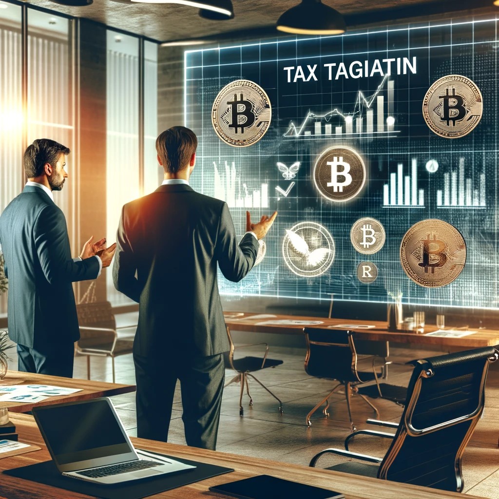 DALL·E 2024-05-29 15.07.24 - An image showing a financial advisor discussing cryptocurrency tax regulations with a client in a modern office setting. The screen in the background 