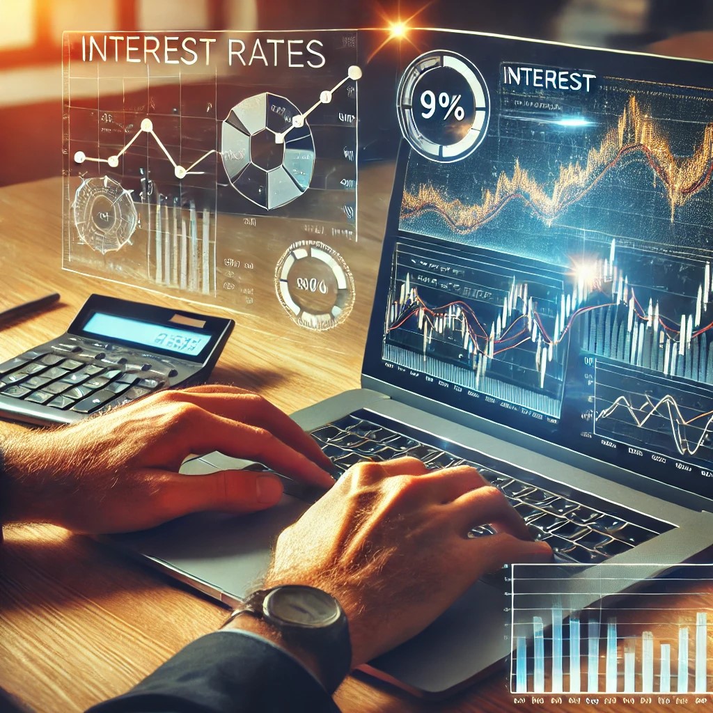 DALL·E 2024-06-28 15.23.00 - An image showing a person analyzing financial charts and graphs on a computer screen, with interest rates highlighted