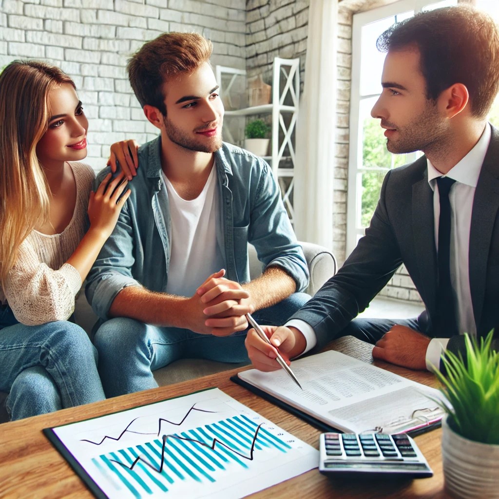 DALL·E 2024-06-28 15.23.01 - An image of a financial advisor meeting with a young couple, discussing investment options with a chart displaying interest rate trends on the table