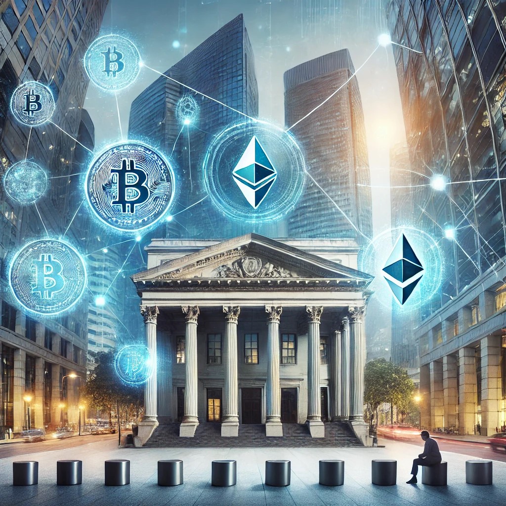 DALL·E 2024-06-28 15.14.51 - An image depicting a modern bank building with a digital overlay showing blockchain connections and cryptocurrency symbols like Bitcoin and Ethereum