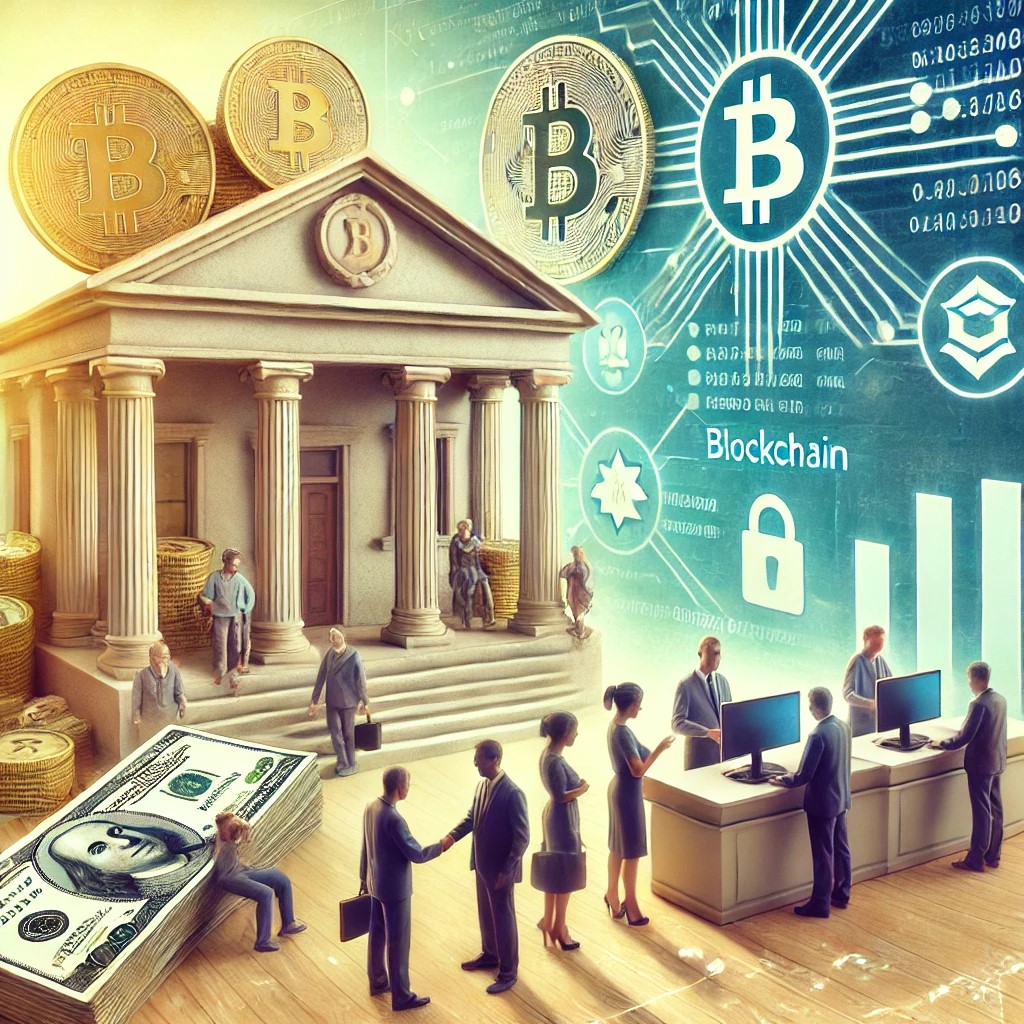 DALL·E 2024-06-28 15.14.52 - An image showing a traditional bank with physical money and people transacting, contrasted with a digital screen displaying cryptocurrency transaction