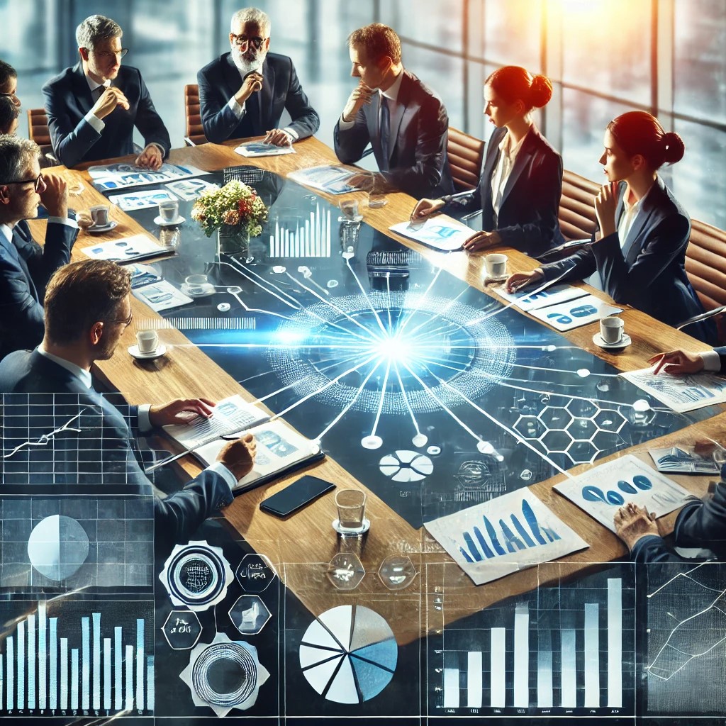 DALL·E 2024-06-28 15.26.37 - An image of business people in a boardroom discussing a merger or acquisition, with charts and documents on the table