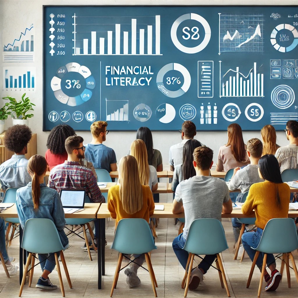 DALL·E 2024-06-28 15.20.18 - An image showing a diverse group of young adults in a classroom setting learning about financial literacy, with charts and graphs on the board