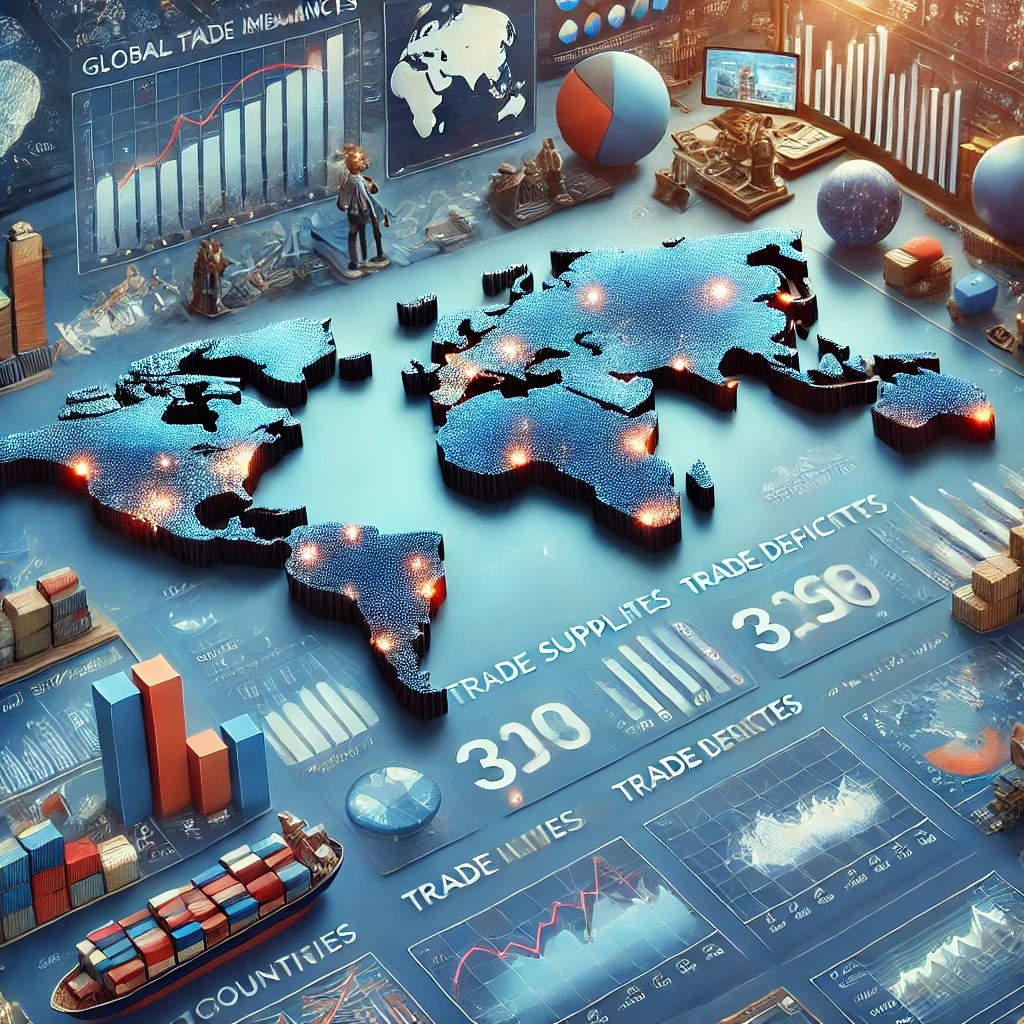 DALL·E 2024-07-30 16.27.11 - An illustration of global trade imbalances showing countries with trade surpluses and deficits. The image includes maps, charts, and data visualizatio