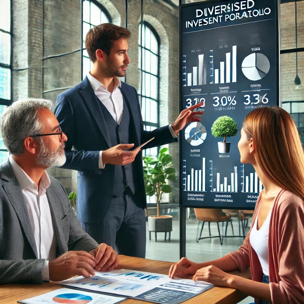 DALL·E 2024-07-30 16.29.51 - A financial advisor explaining a diversified investment portfolio to a couple in a modern office. The advisor uses charts and graphs to illustrate the